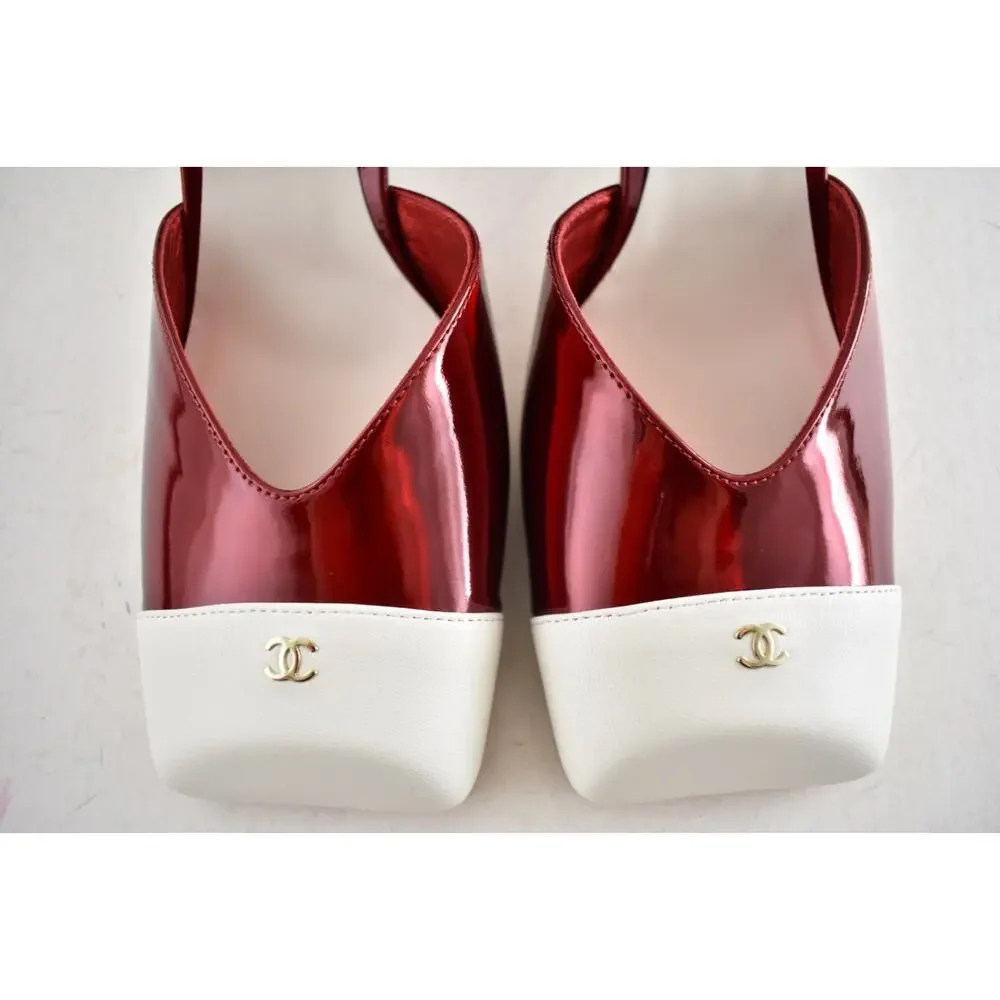 Chanel 26S Blazy Red White Square Toe Sling CC Slingback Block Heel Pump 38.5 - Picture 9 of 16